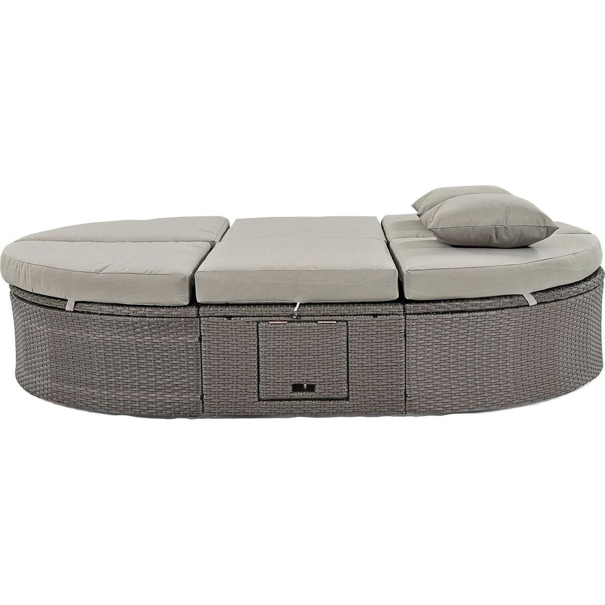 Outdoor Sun Bed Patio 2-Person Daybed with Cushions and Pillows, Rattan Garden Reclining Chaise Lounge with Adjustable Backrests and Foldable Cup Trays for Lawn,Poolside, Gray