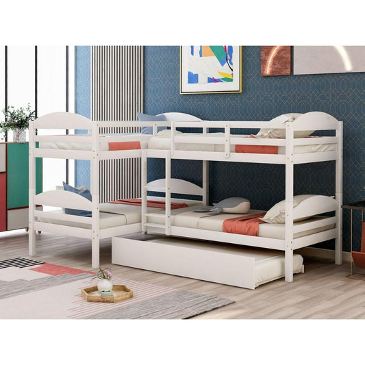 Twin L-Shaped Bunk bed with Trundle-White{O