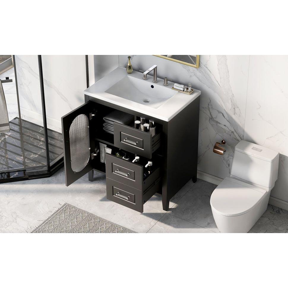 30" Bathroom Vanity with Sink, Bathroom Vanity Cabinet with Two Drawers and Door, Adjustable Shelf, Solid Wood and MDF, Black