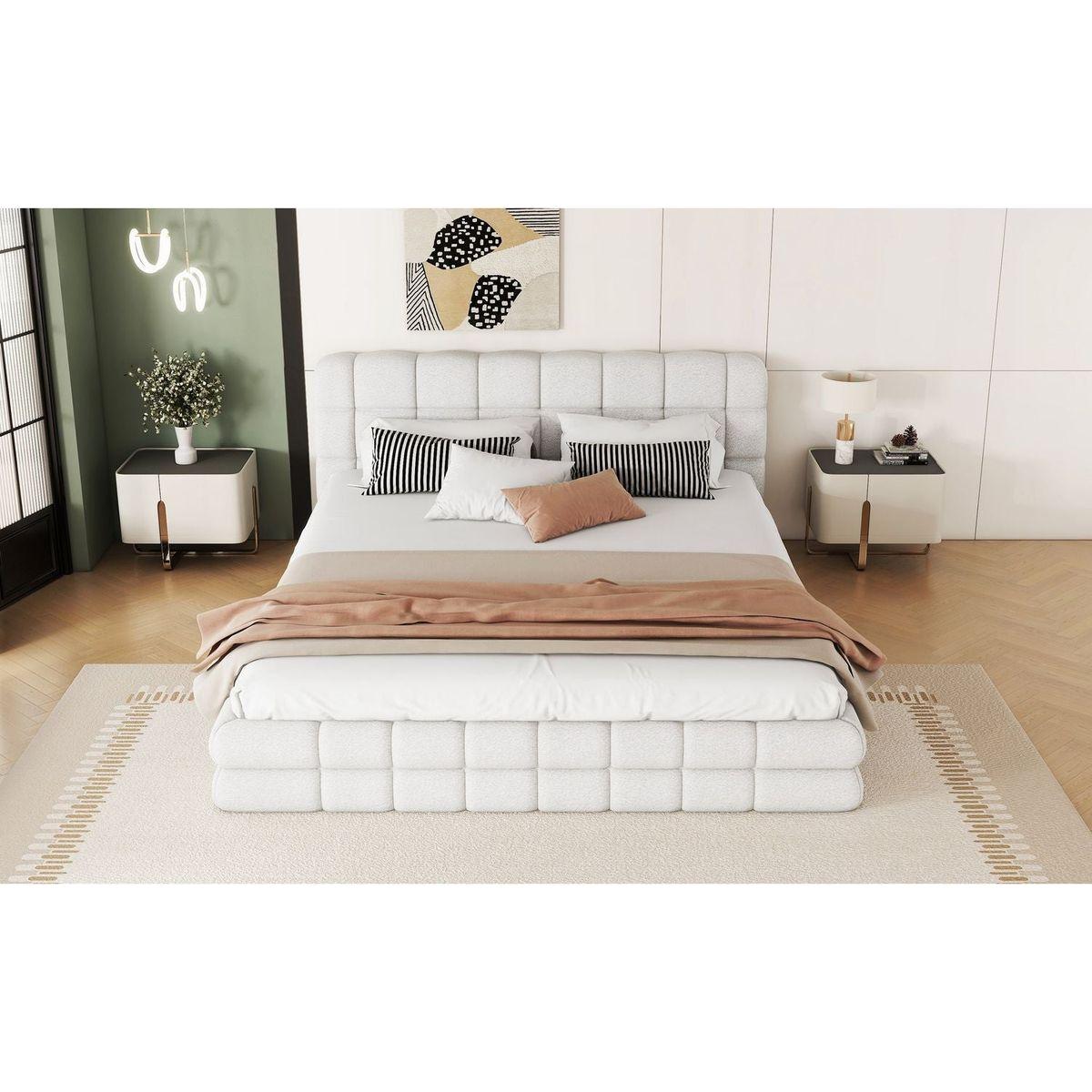 Queen Size Upholstered Platform Bed, White