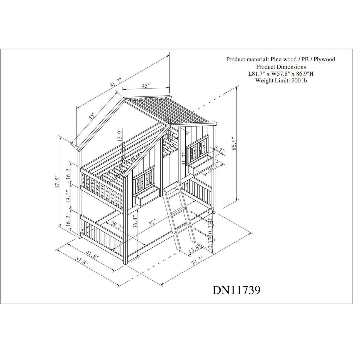 Twin over Twin House Bunk Bed with Roof, Window, Window Box, Door, with Safety Guardrails and Ladder, Grey