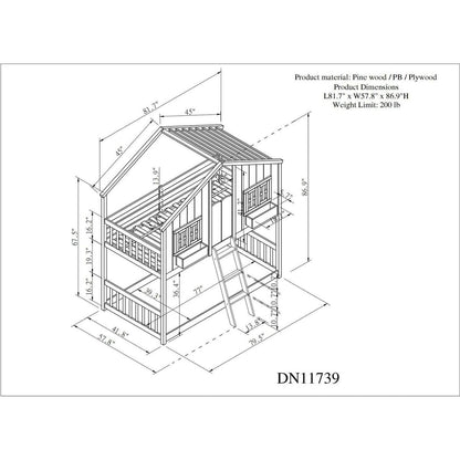 Twin over Twin House Bunk Bed with Roof, Window, Window Box, Door, with Safety Guardrails and Ladder, Grey