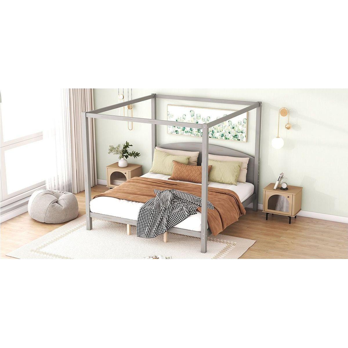 King Size Canopy Platform Bed with Headboard and Support Legs, Grey Wash