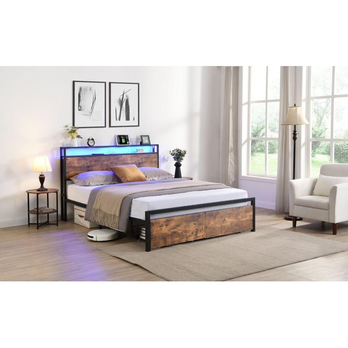 Full Size Bed Frame with Storage Headboard and 2 Drawers, LED Lights Bed with Charging Station, Metal Platform Bed No Noise, Mattress Foundation Strong Metal Slats Support No Box Spring Needed