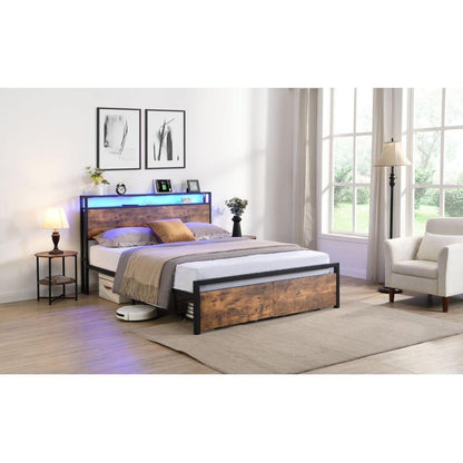 Full Size Bed Frame with Storage Headboard and 2 Drawers, LED Lights Bed with Charging Station, Metal Platform Bed No Noise, Mattress Foundation Strong Metal Slats Support No Box Spring Needed