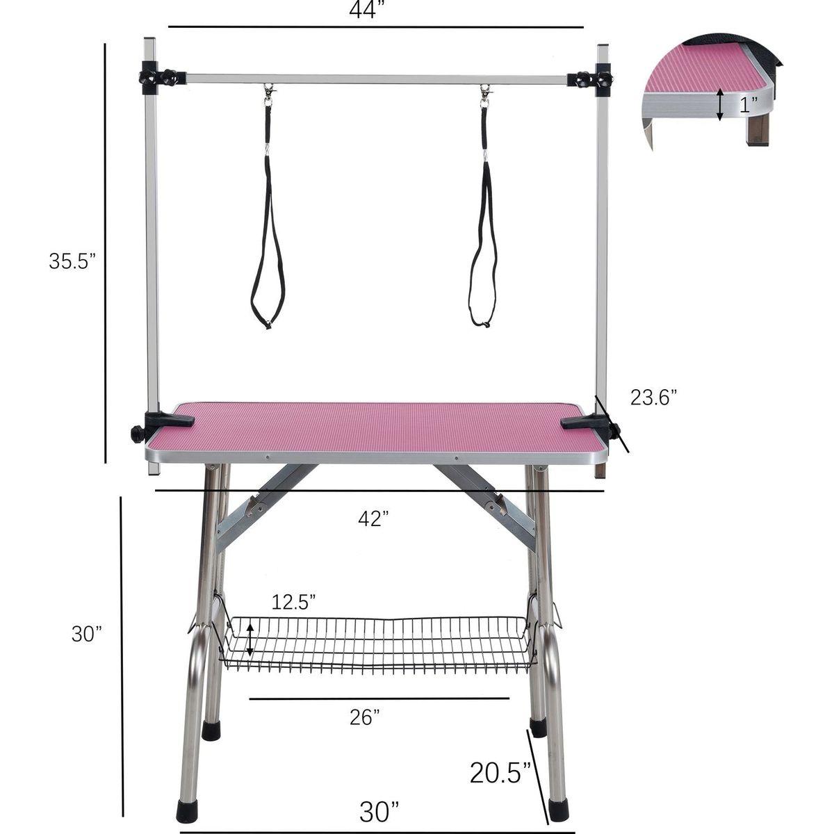42" Folding Dog Pet Grooming Table Stainless Steel Frame Rubber Mat on Board with Adjustable Arm and Clamps pet dog Cat Grooming Table (PINK COLOR)