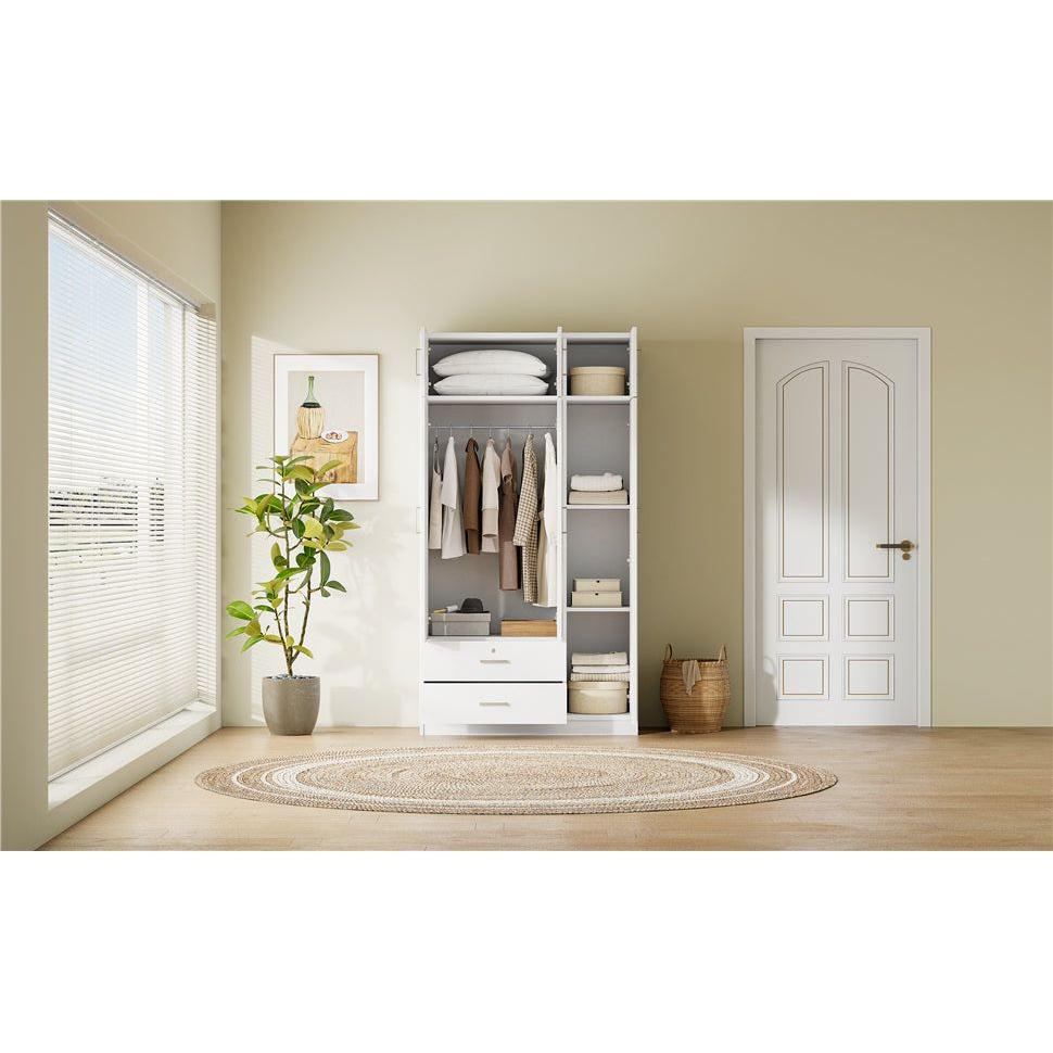 3-Door Mirror Wardrobe with 2 Drawers and Top Cabinet,White