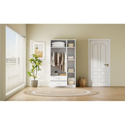3-Door Mirror Wardrobe with 2 Drawers and Top Cabinet,White