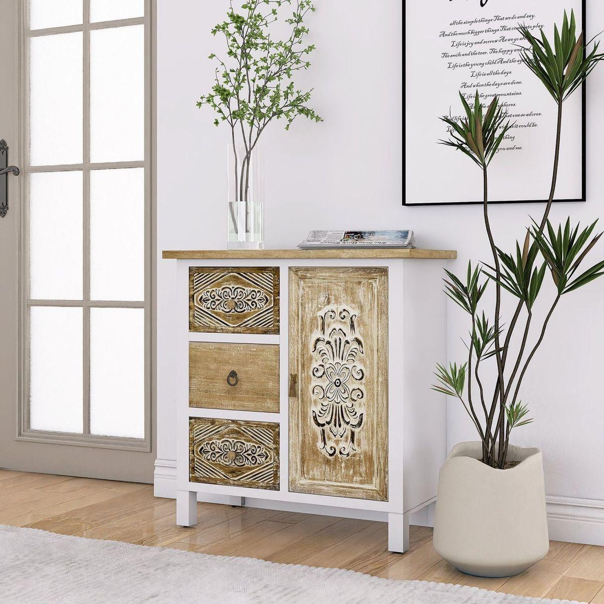 Hand-Carved Accent Cabinet with Vintage Charm - Versatile Storage and Distinctive Design - Fully Assembled