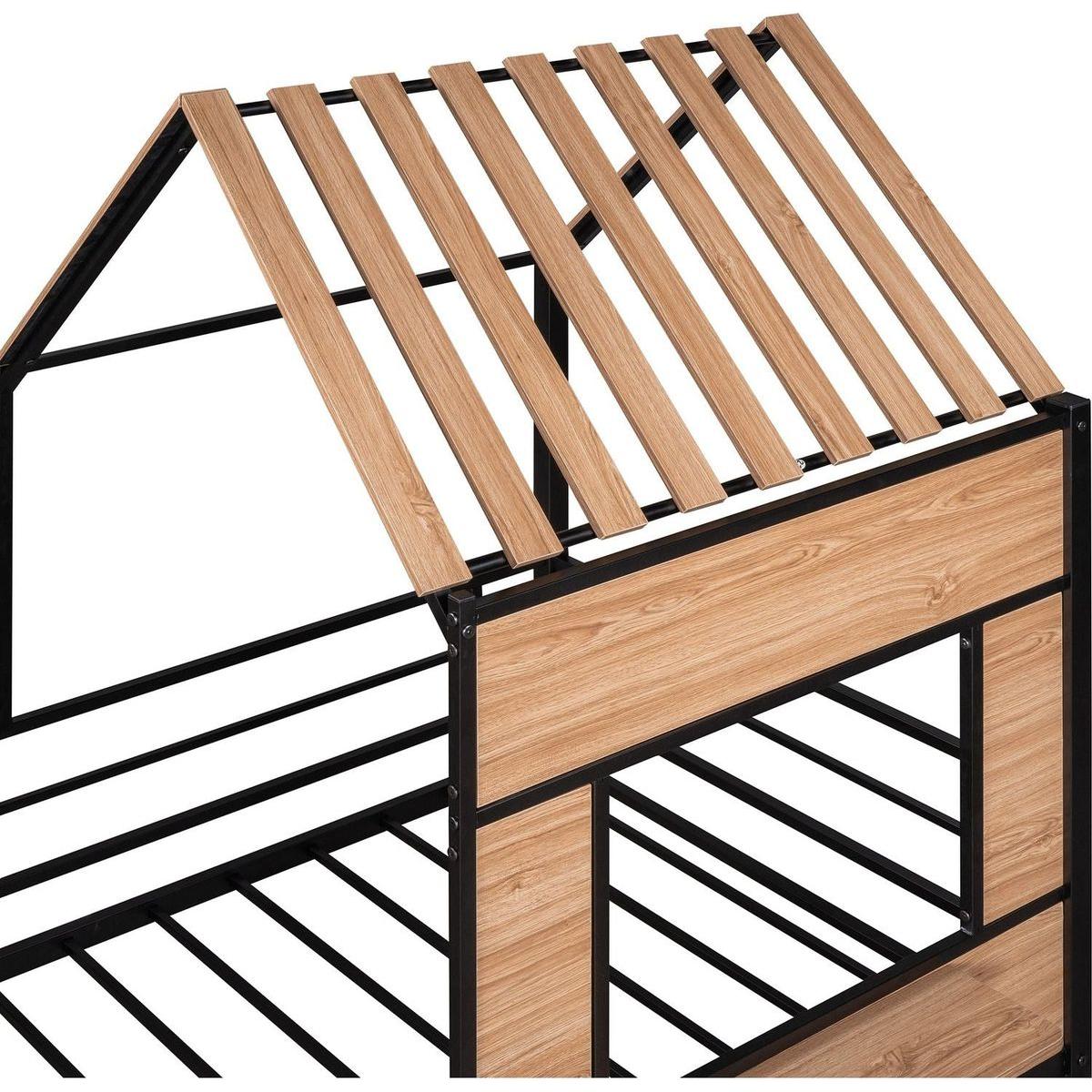 Metal Twin size Loft Bed with Roof, Window, Guardrail, Ladder Black
