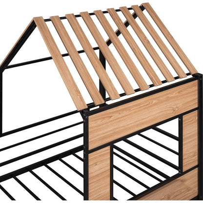 Metal Twin size Loft Bed with Roof, Window, Guardrail, Ladder Black