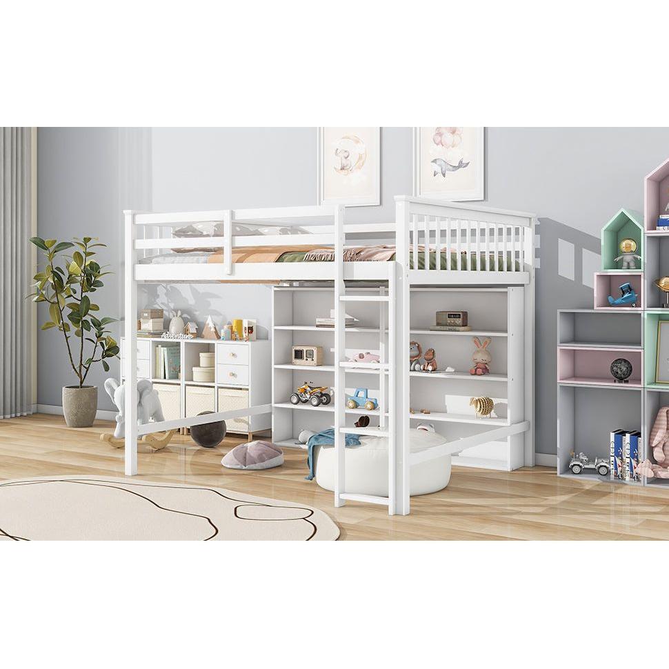 Full Size Loft Bed with 8 Open Storage Shelves and Built-in Ladder, White
