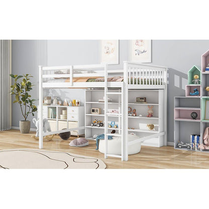 Full Size Loft Bed with 8 Open Storage Shelves and Built-in Ladder, White