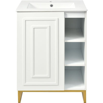 24inch White Bathroom Vanity Sink Combo for Small Space, Modern Design with Ceramic Basin, Gold Legs and Semi-open Storage(Faucet Not Included)