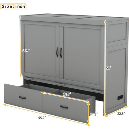 Full Size Murphy Bed with USB Port and a Large Drawer, Gray