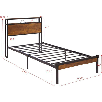 Twin Size Metal Platform Bed Frame with Wooden Headboard and Footboard with USB LINER, LED Lights, No Box Spring Needed, Large Under Bed Storage, Easy Assemble