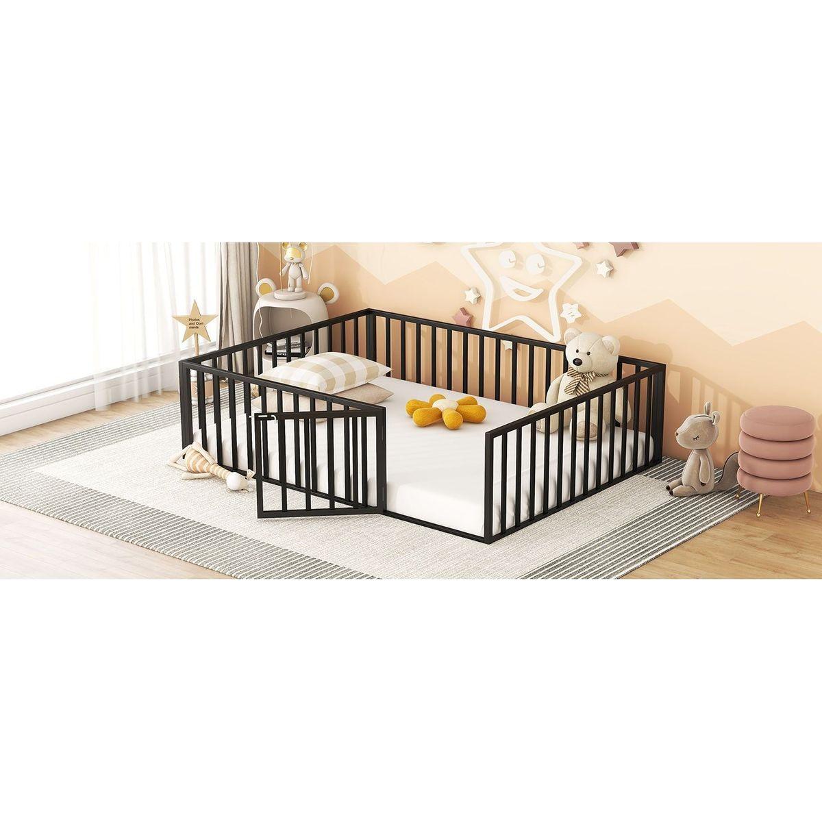 Queen Size Metal Floor Bed Frame with Fence and Door, Black