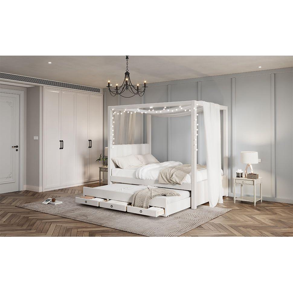 Full Size Upholstery Canopy Platform Bed with Trundle and Three Storage Drawers, Beige - Streamdale Furniture