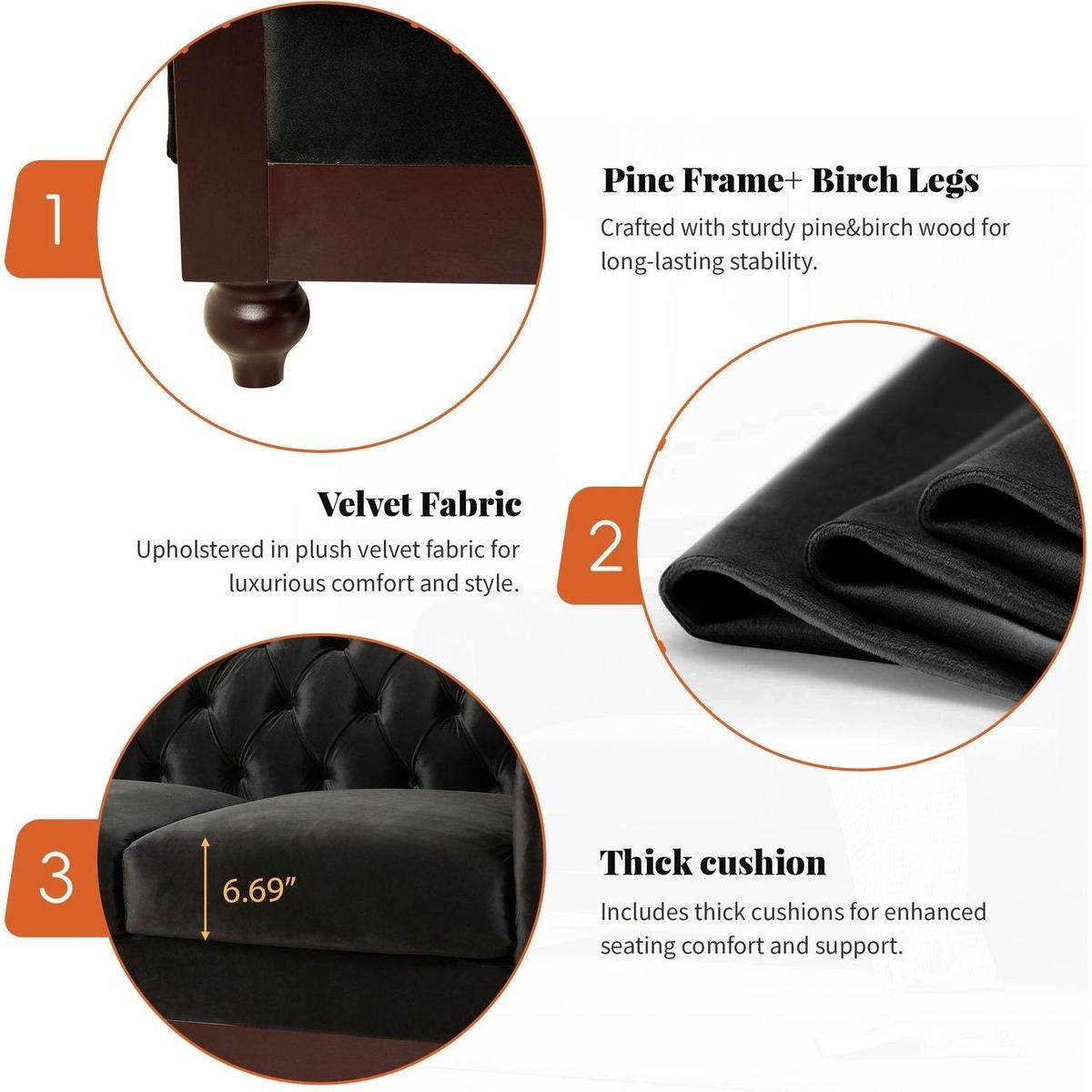 VIVALUX 59.44" Chesterfield Velvet Loveseat Sofa,2-Person Rolled Arm Dutch Plush Upholstered Sofa Couch with Tufted Button for Living Room, Bedroom, Small Places,Black