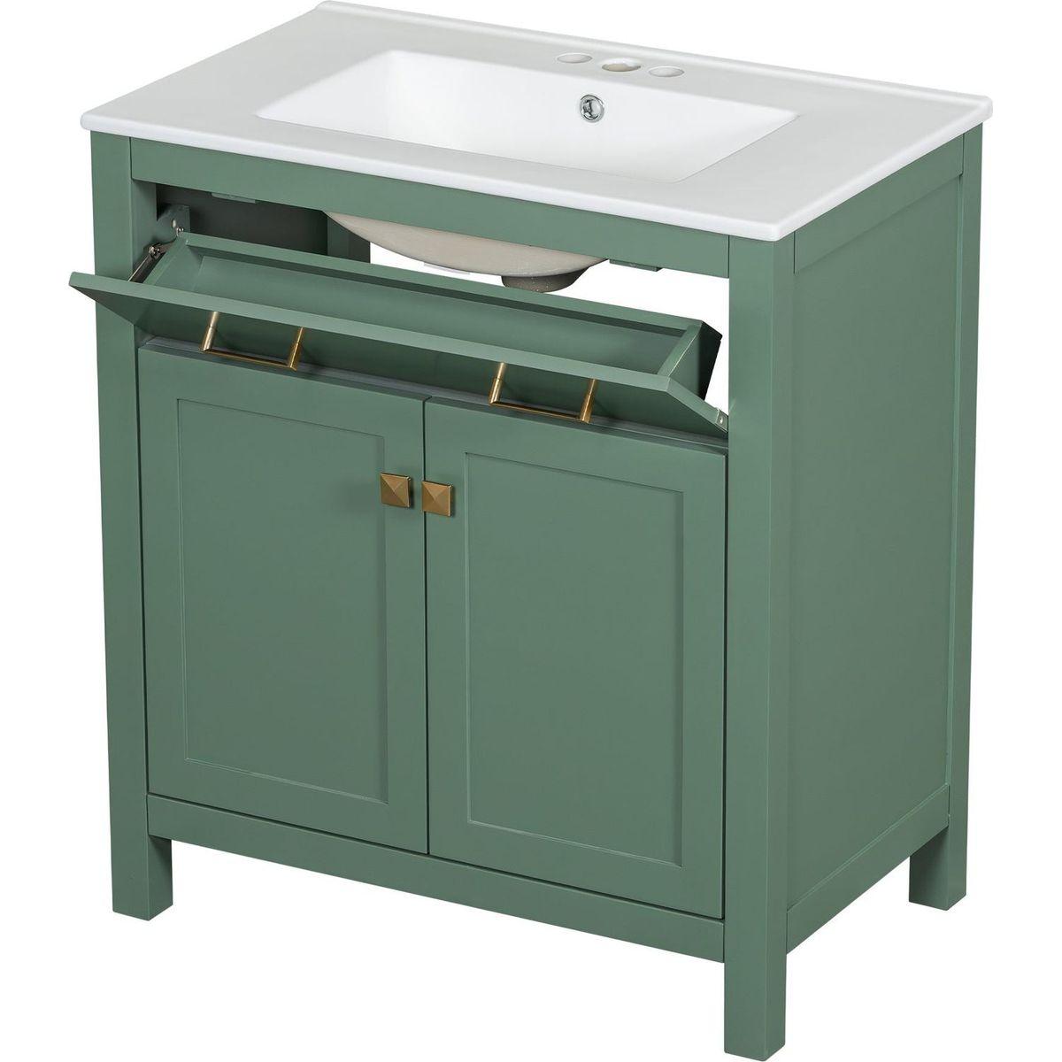 30-inch Bathroom Vanity with Ceramic Sink, Modern Green Single Bathroom Cabinet with 2 Doors and a Shelf, Soft Close Doors