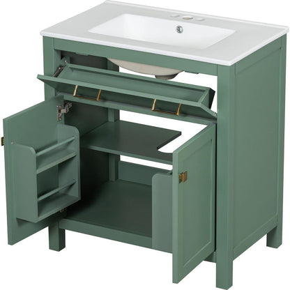 30-inch Bathroom Vanity with Ceramic Sink, Modern Green Single Bathroom Cabinet with 2 Doors and a Shelf, Soft Close Doors