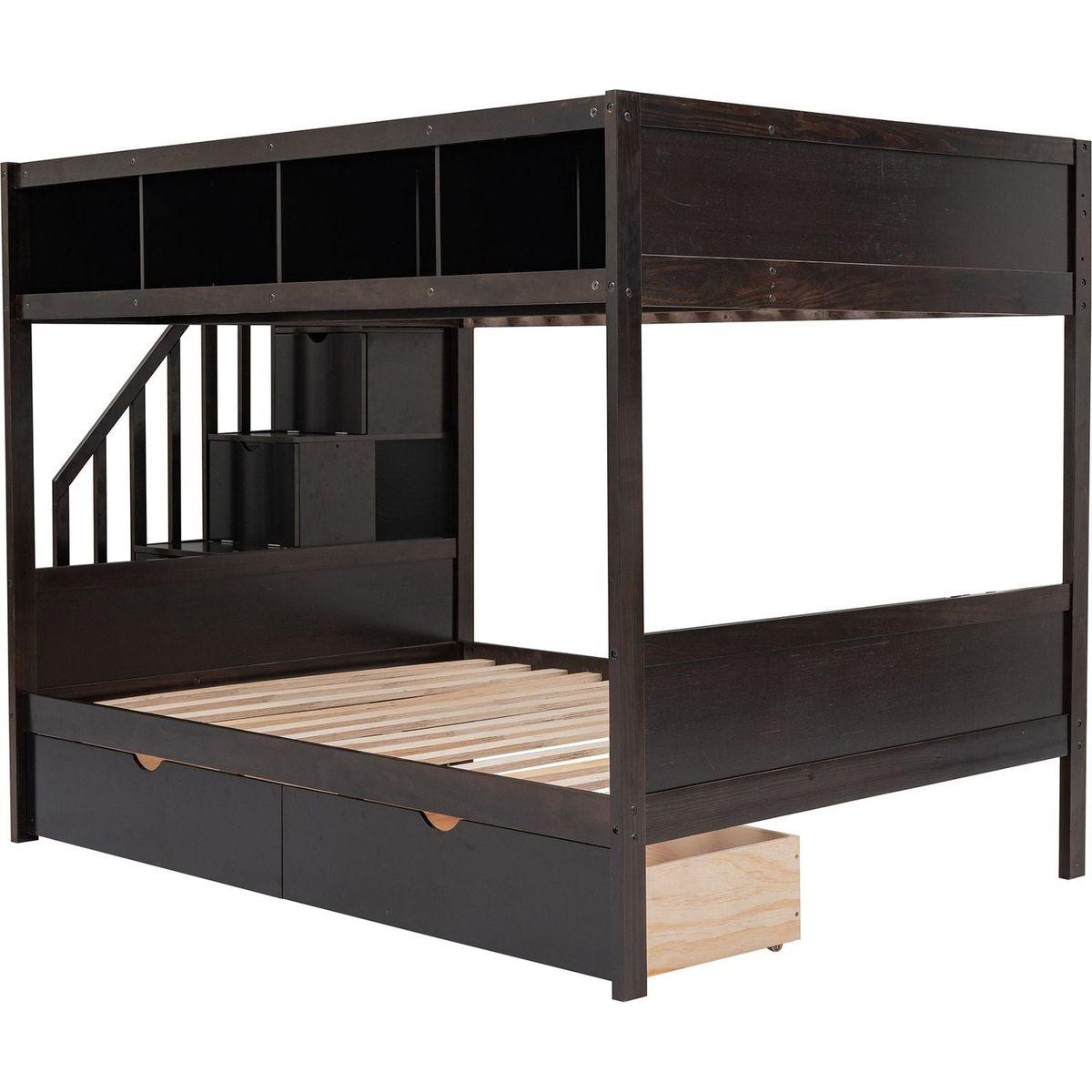 Twin over Full Bunk Bed with Shelfs, Storage Staircase and 2 Drawers, Espresso