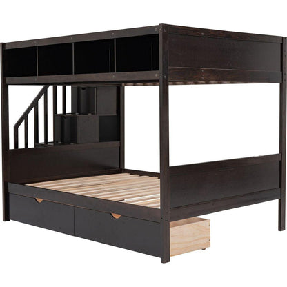 Twin over Full Bunk Bed with Shelfs, Storage Staircase and 2 Drawers, Espresso