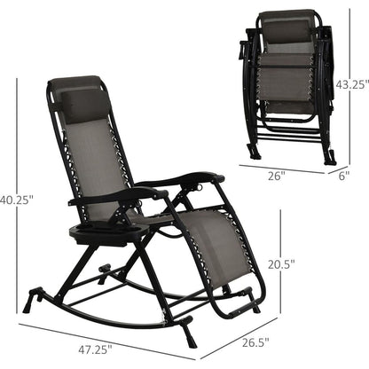 Outdoor Rocking Chairs, Foldable Reclining Anti Gravity Lounge Rocker w/ Pillow, Cup & Phone Holder, Combo Design w/ Folding Legs, Gray