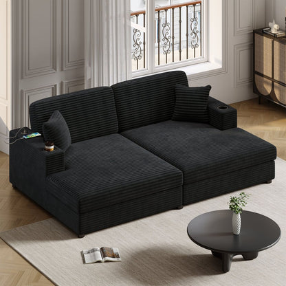 86.5' Oversized Loveseat Chaise Lounge Sectional Sofa Bed Corduroy Sleeper Sofa with Two USB Ports , Two Cup Holders and Two Throw Pillows for Living Room and Bedroom, Black