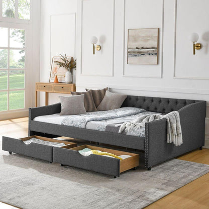 Queen Size Daybed with Drawers Upholstered Tufted Sofa Bed,,with Button on Back and Copper Nail on Waved Shape Arms(84.5"x63.5"x26.5")