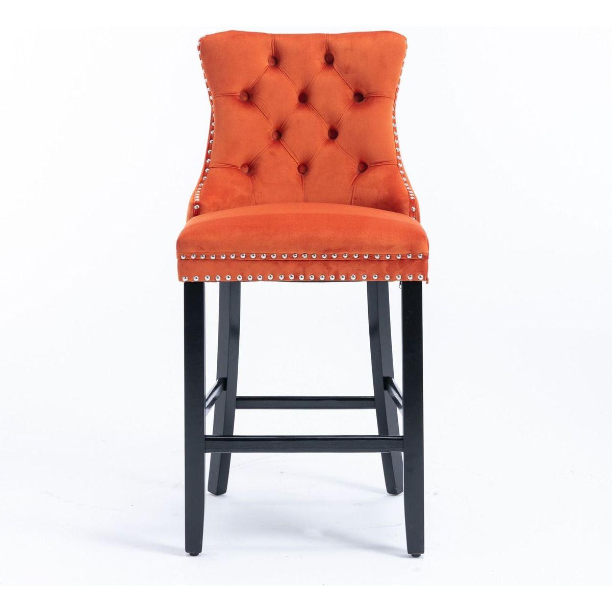 Contemporary Velvet Upholstered Barstools with Button Tufted Decoration and Wooden Legs, and Chrome Nailhead Trim, Leisure Style Bar Chairs,Bar stools, Set of 2 (Orange)
