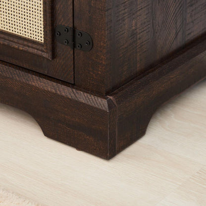 Farmhouse Rattan TV Stand Console Table for TVs up to 70 Inches, TV Console Table with 2 Storage Shelves, 2 Natural Rattan Door Cabinets, 65"Wx15.55"Dx23.86"H, Espresso