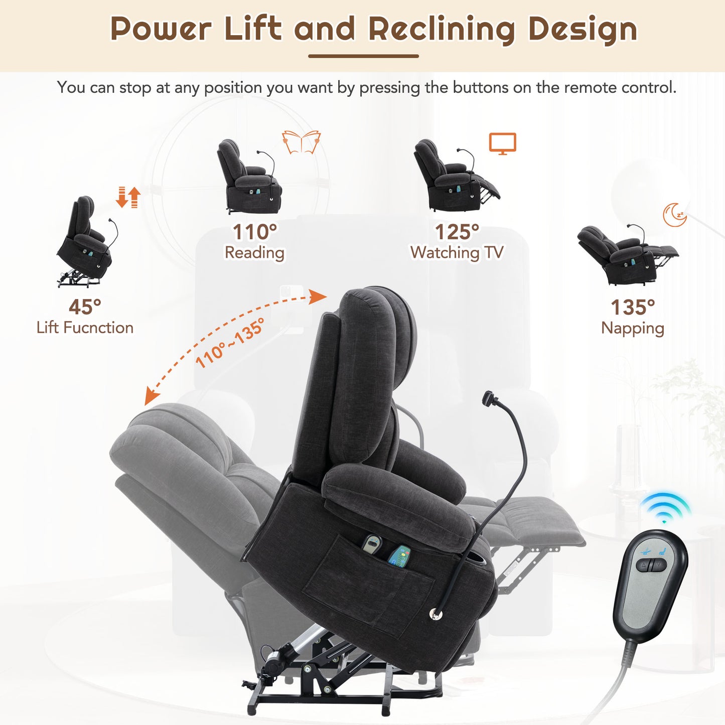 Power Lift Recliner Chair Electric Recliner for Elderly Recliner Chair with Massage and Heating Functions, Remote, Phone Holder Side Pockets and Cup Holders for Living Room, Black