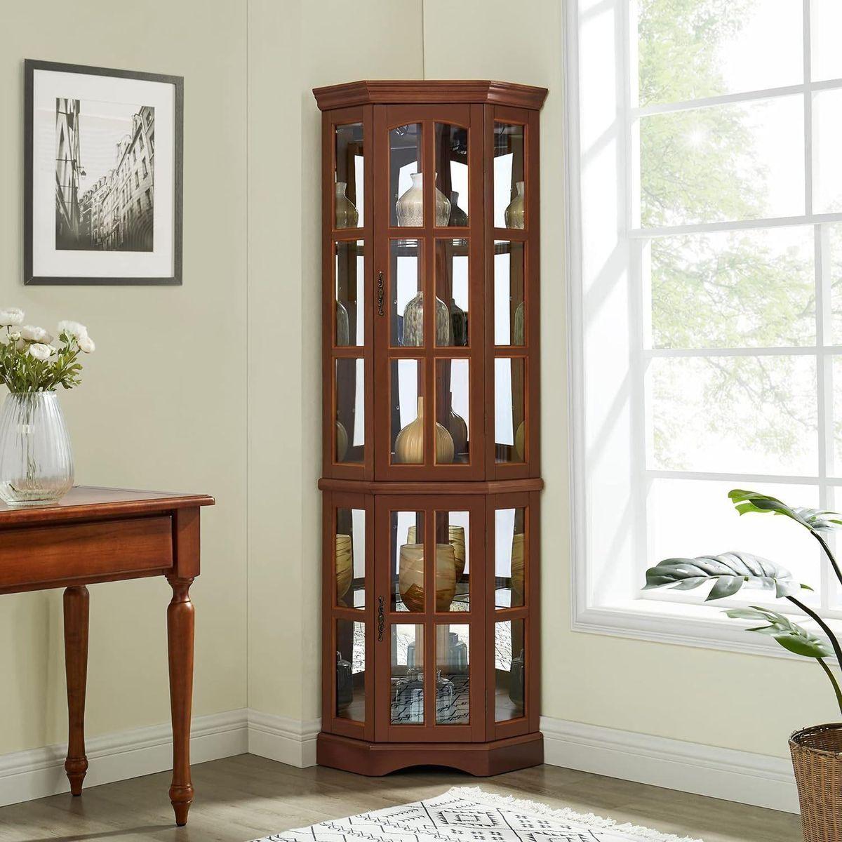 Corner Curio Cabinet with 5 Shelves and Lighting System, Walnut