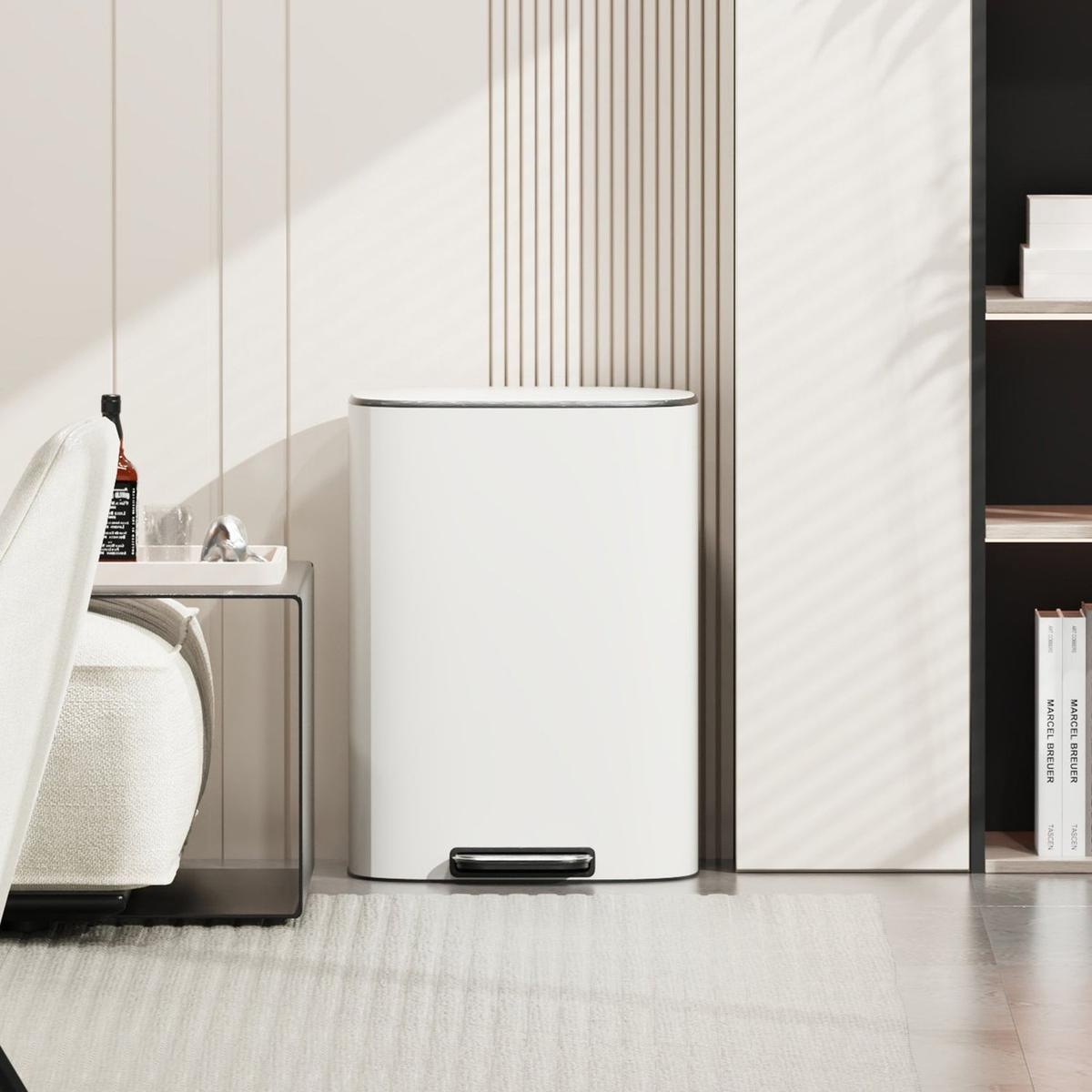 13 Gallon 50L Kitchen Foot Pedal Operated Soft Close Trash Can - Stainless Steel Ellipse Bustbin - White