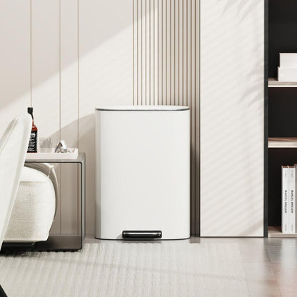 13 Gallon 50L Kitchen Foot Pedal Operated Soft Close Trash Can - Stainless Steel Ellipse Bustbin - White