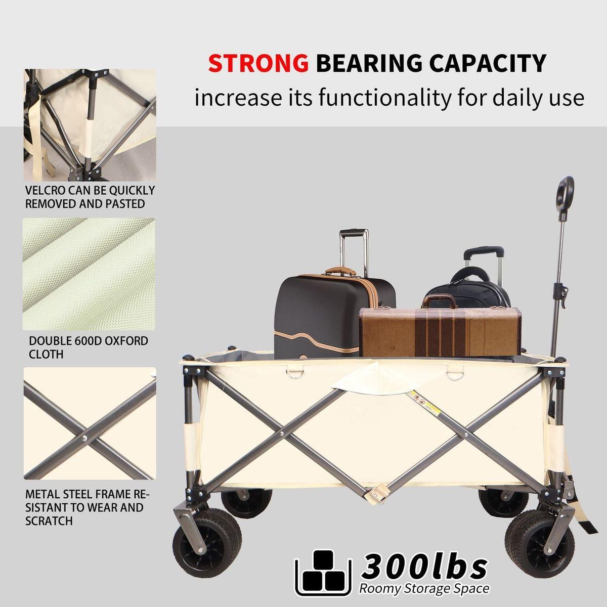 Folding Wagon, Heavy Duty Utility Beach Wagon Cart for Sand with Big Wheels, Adjustable Handle&Drink Holders for Shopping, Camping,Garden and Outdoor