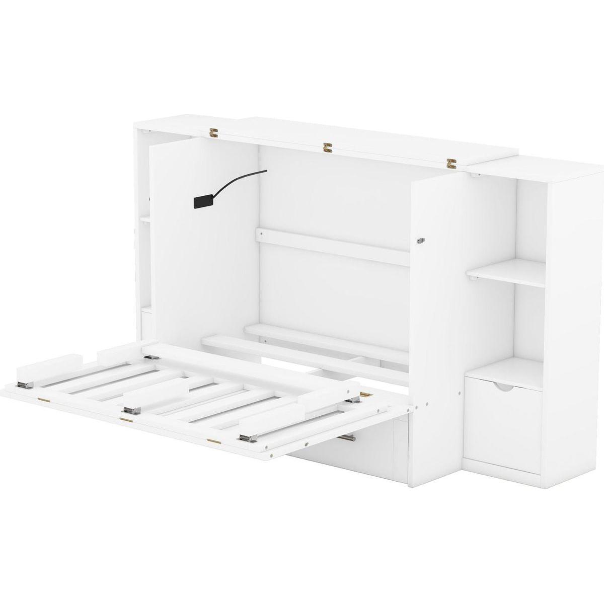 Queen Size Murphy Bed with Shelves, Drawers and USB Ports,White