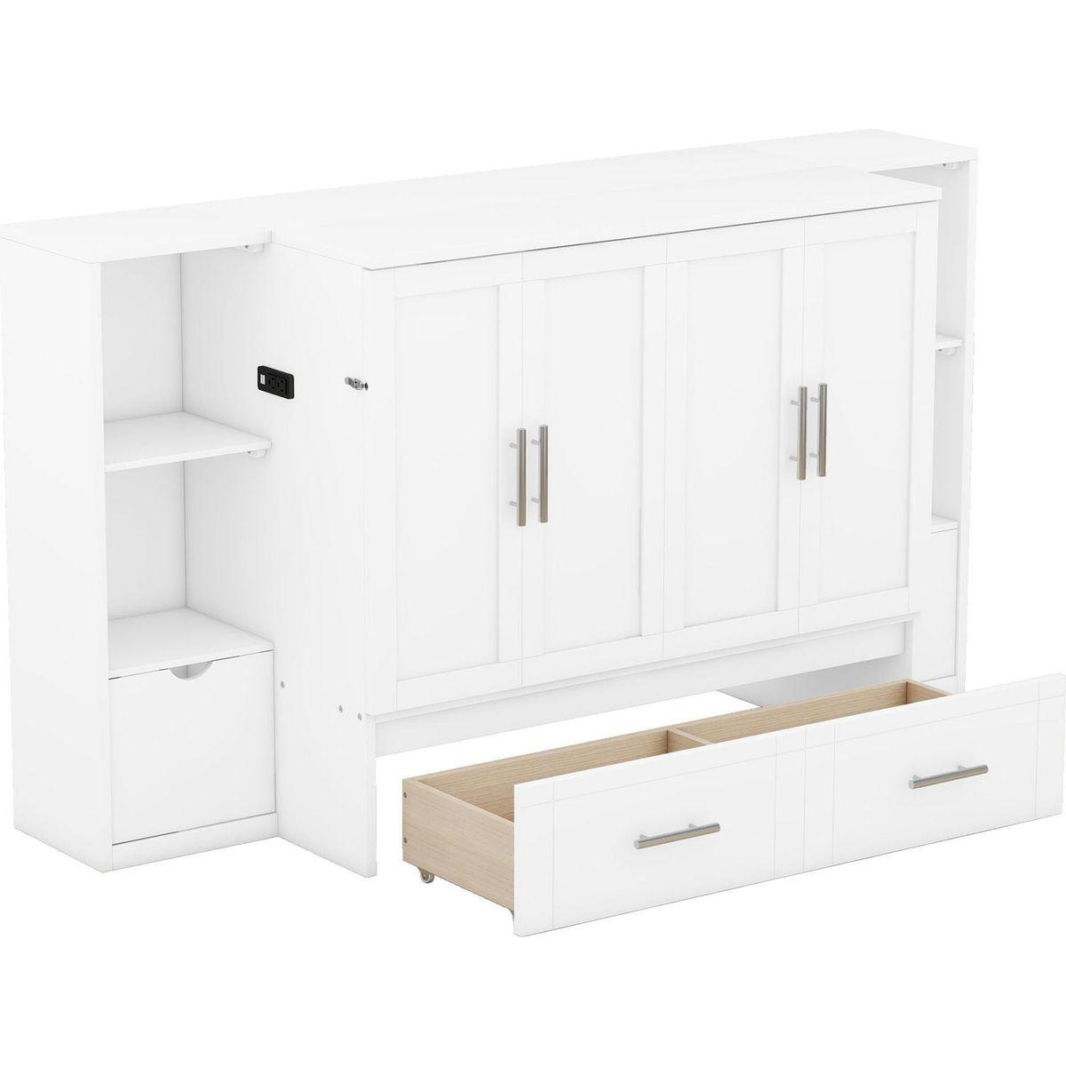 Queen Size Murphy Bed with Shelves, Drawers and USB Ports,White