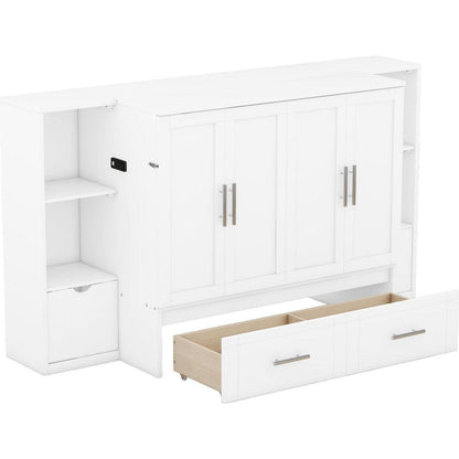 Queen Size Murphy Bed with Shelves, Drawers and USB Ports,White