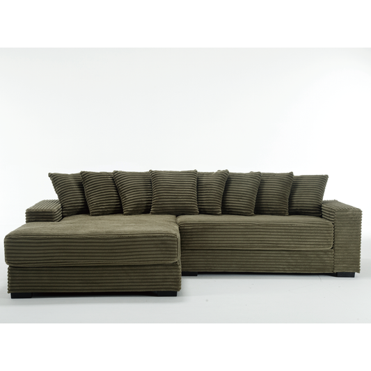 Oversized Two-Piece Couches, L Shaped Sofa, Corduroy, Left Chaise Daybed,with Armrests,Eight Throw Pillows,Corner Sofa,Easy To Assemble, Green