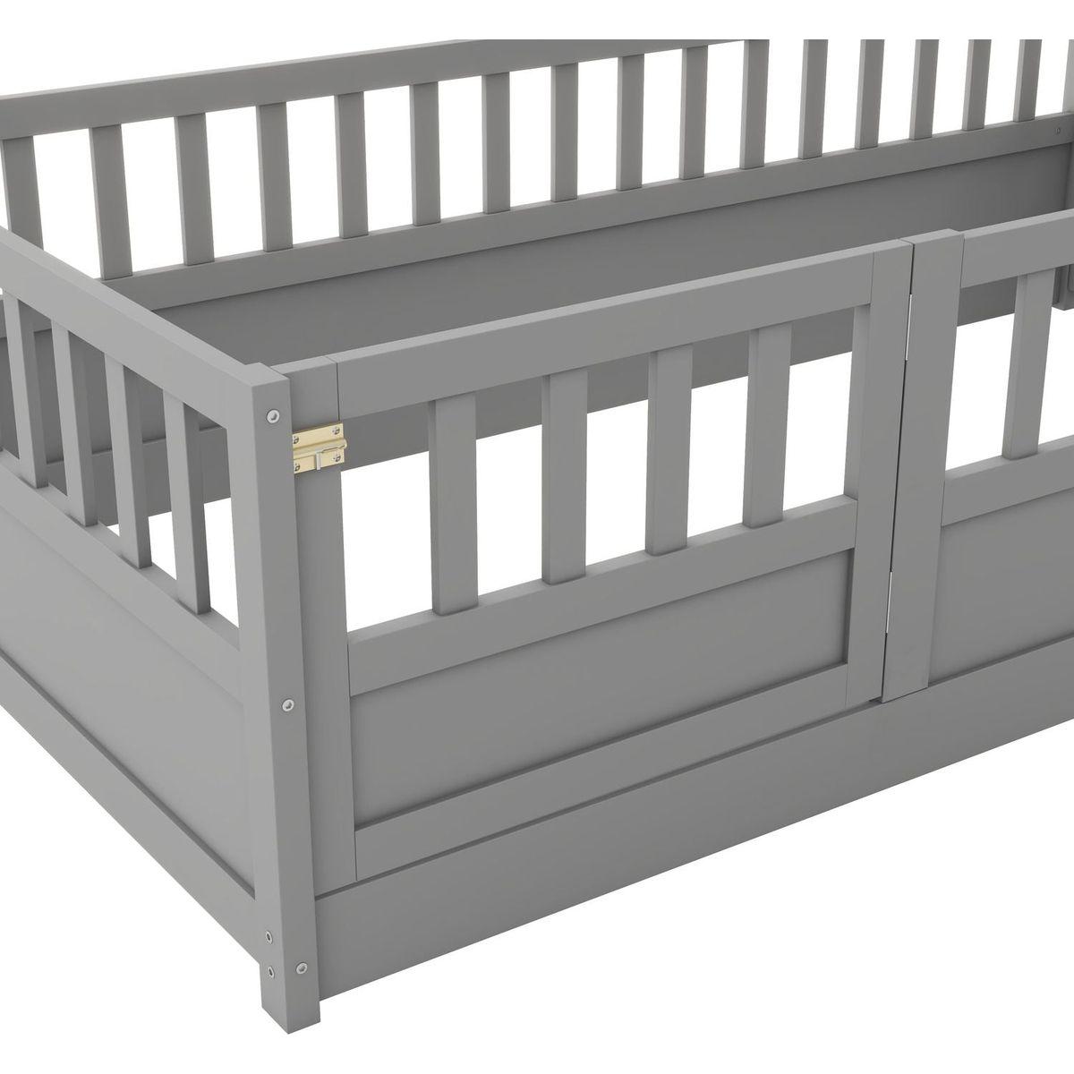 Twin Size Floor bed, integral construction with super high security barrier, door, children's floor bed frame, Montessori wooden children's floor bed, Grey