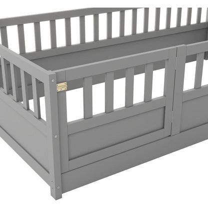 Twin Size Floor bed, integral construction with super high security barrier, door, children's floor bed frame, Montessori wooden children's floor bed, Grey