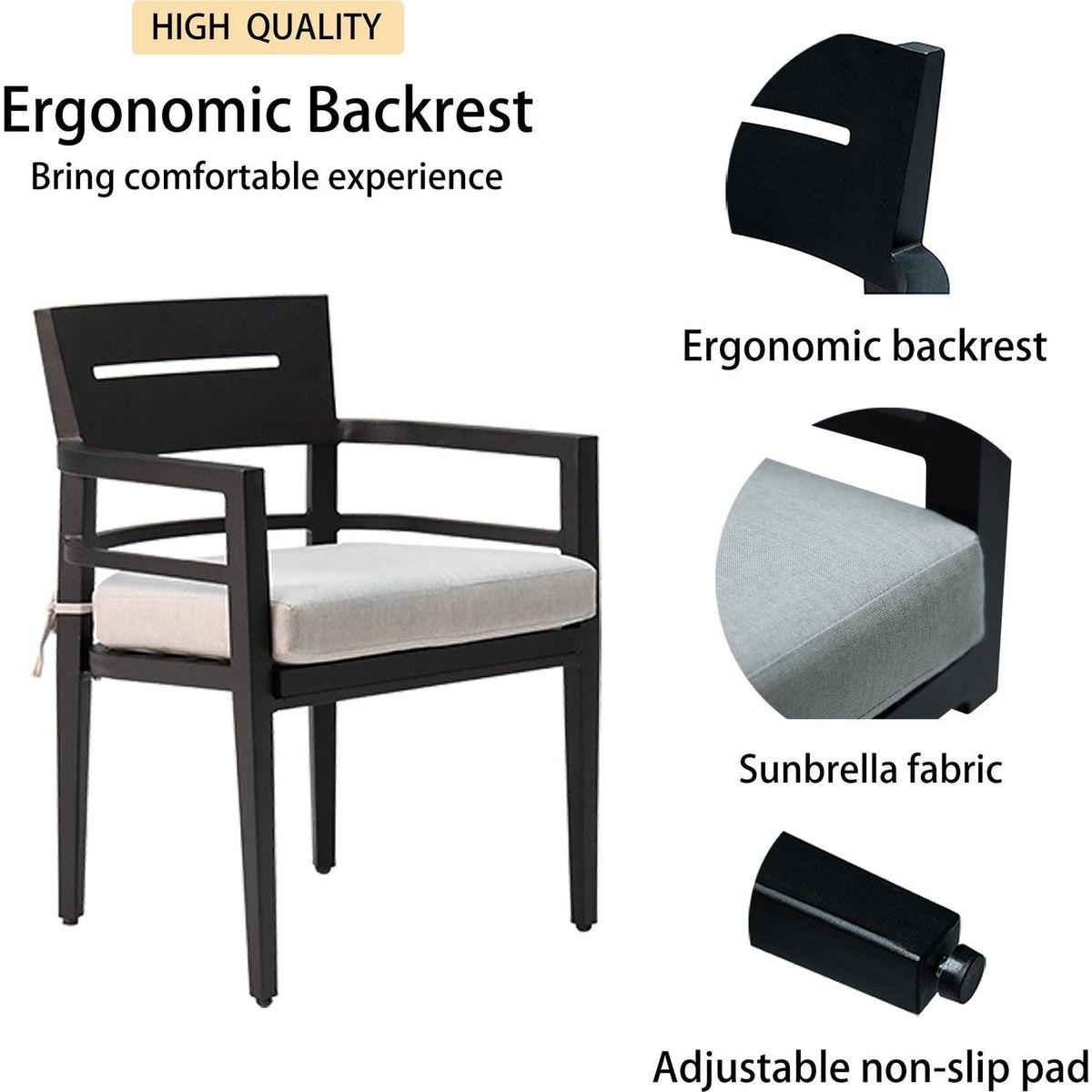 Outdoor Patio K/D Aluminum Stationary Dining Chairs 4PCS with Outdoor-grade Sunbrella Fabric Cushions, Tapered Feet, Ember Black