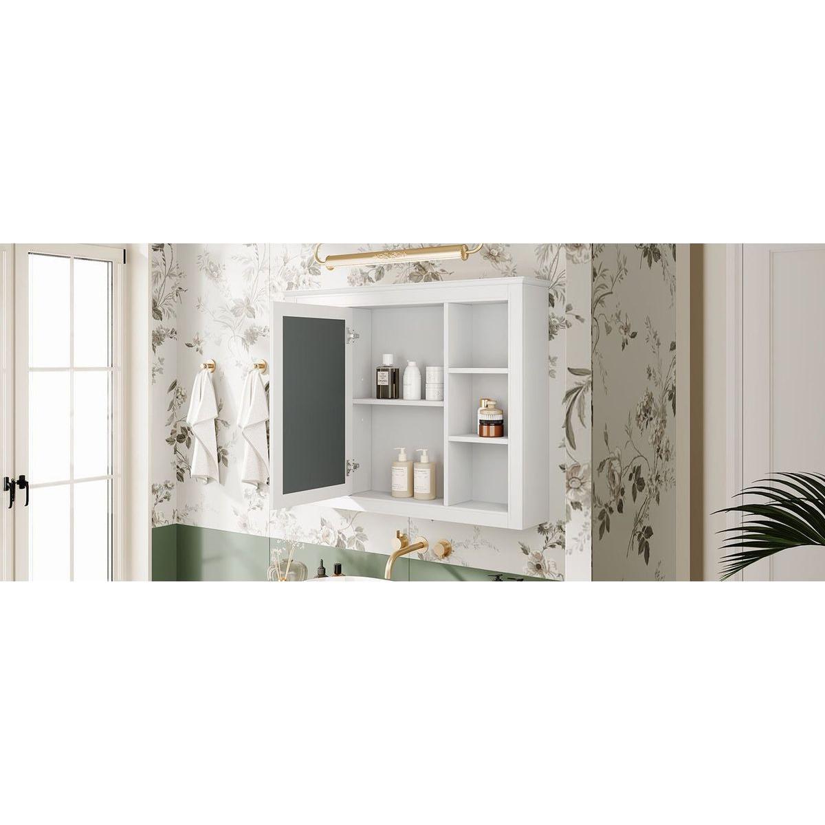 35" x 27.5" Medicine Cabinet, Wall Mounted Bathroom Storage Cabinet, Modern Bathroom Wall Cabinet with Mirror, Mirror Cabinet with 6 Open Shelves (Not Include Bathroom Vanity)