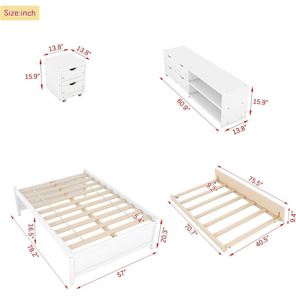 Versatile Full Bed with Trundle,Under bed Storage Box and Nightstand .White