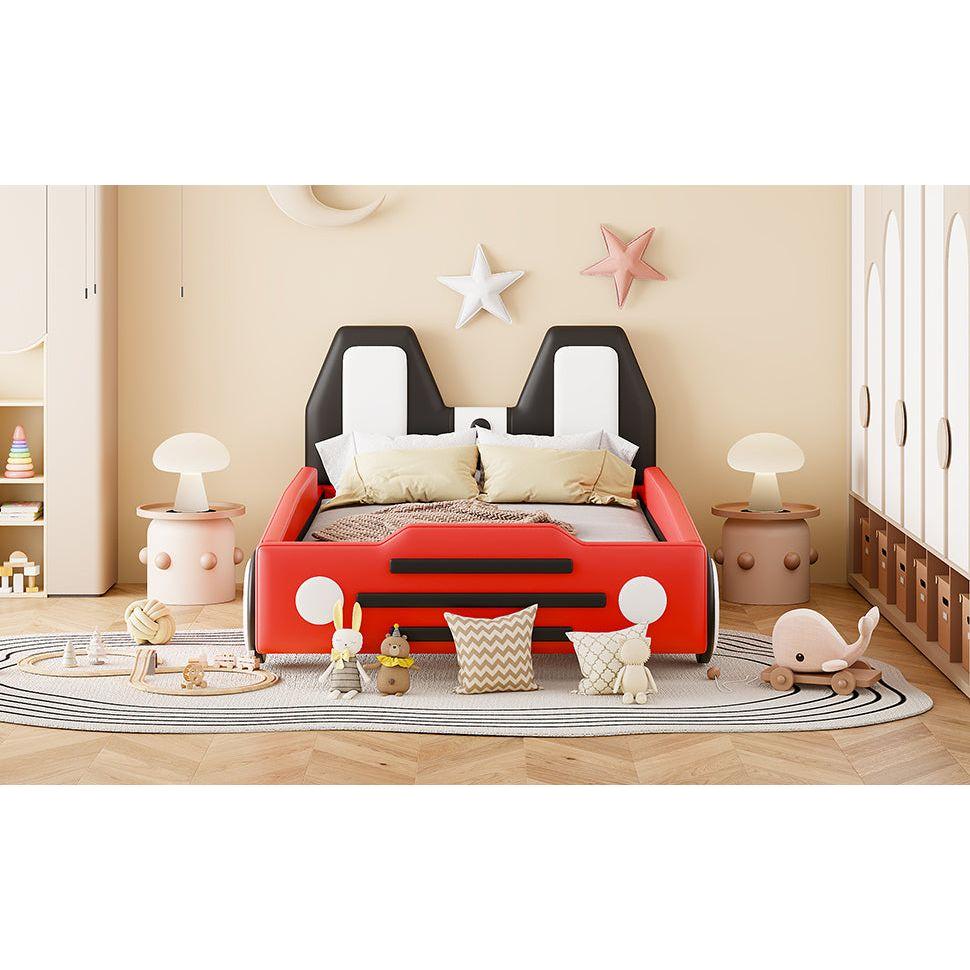 Twin Size Race Car-Shaped Platform Bed with Wheels,Red