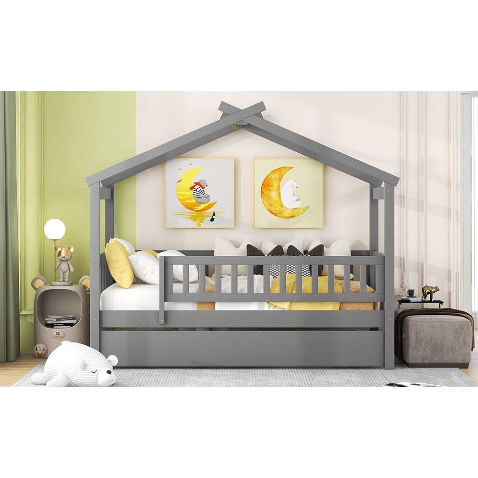 Twin Size Wooden House Bed with Twin Size Trundle, Gray