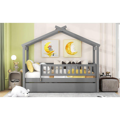 Twin Size Wooden House Bed with Twin Size Trundle, Gray