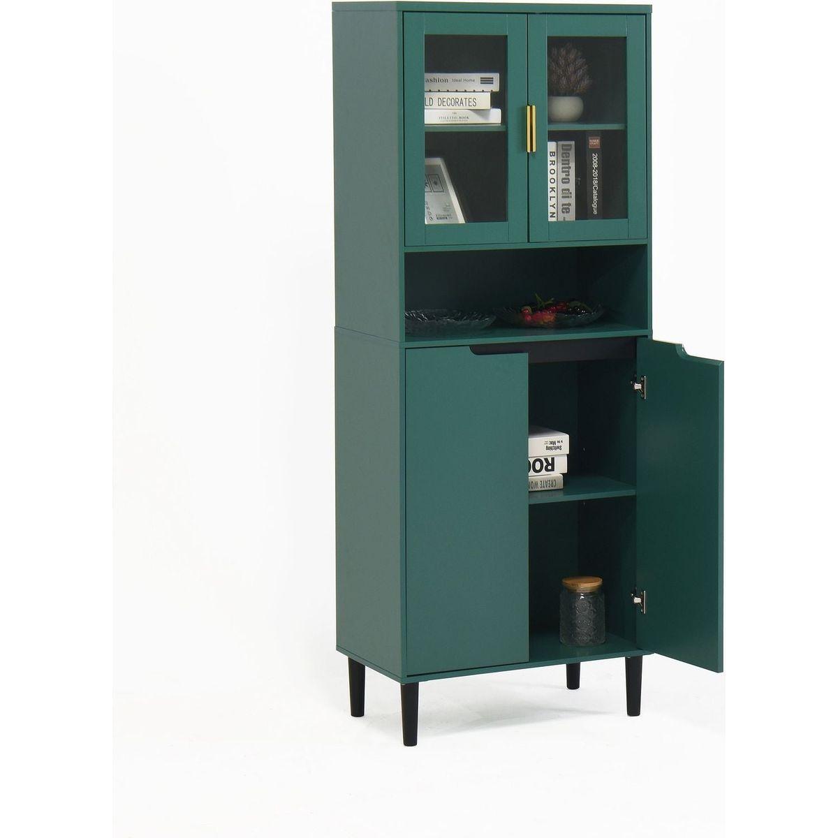 Tall Storage Show Cabinet with 2 Glass Display Door & 2 Doors, Tall Kitchen Pantry Cabinet with Gold Handles, Modern Cabinet Freestanding for Bathroom, Dining Living Room, Green